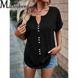 Summer Elegant Button Decoration Small V Neck T-Shirt Women Fashion Cotton Loose Splicing Short Sleeve Tops Female Commuter Tees