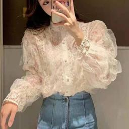 Korean Retro Lace Stand Collar Lace Stitching Women's Shirts Pearl Buckle Loose Long Sleeve Tops See-through Blouse Blusas 13339