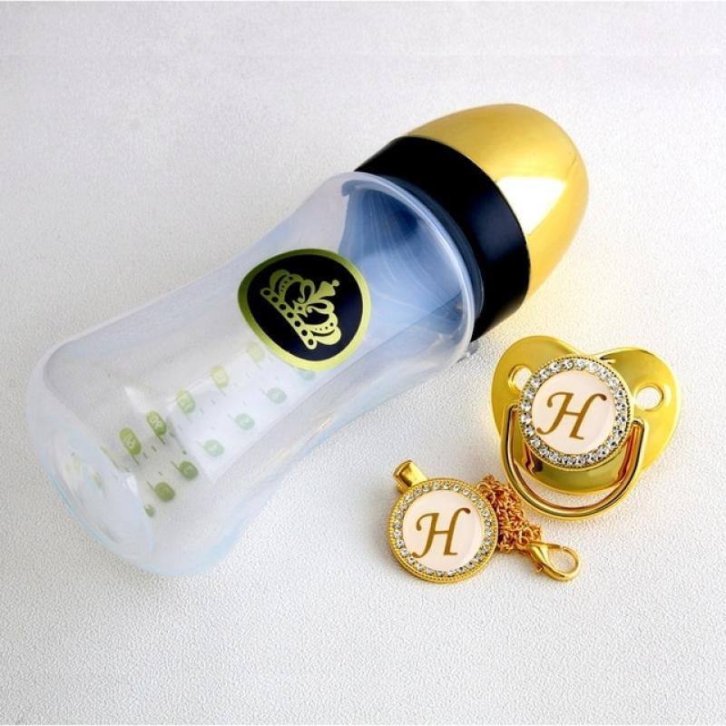 240ml Gold Baby Bottle And Pacifier Set With Chain Clip 26 Letters Bling Bottle Pacifier Kit BPA Free