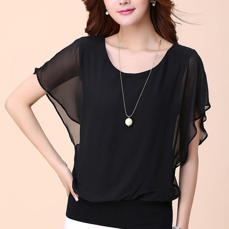 Casual Women Chiffon Blouse Female Solid Short Sleeve Ruffle Batwing Short Shirt Summer Beach Plus Size