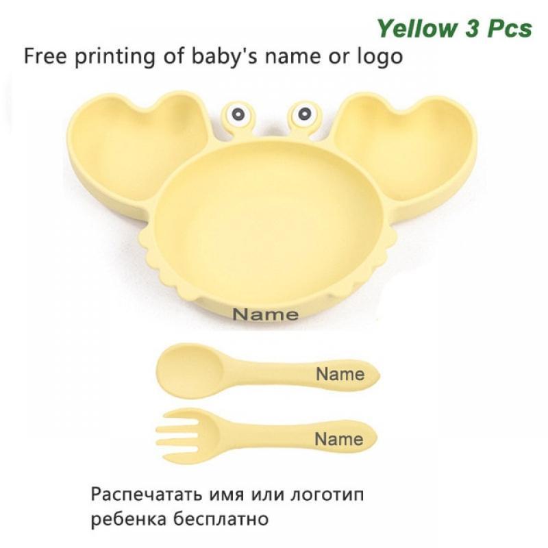 Crab Plate For Baby Silicone Tableware Suction Bowl Plate Tray Bibs Spoon Personalized Name Baby's Name Feeding Set For Kids