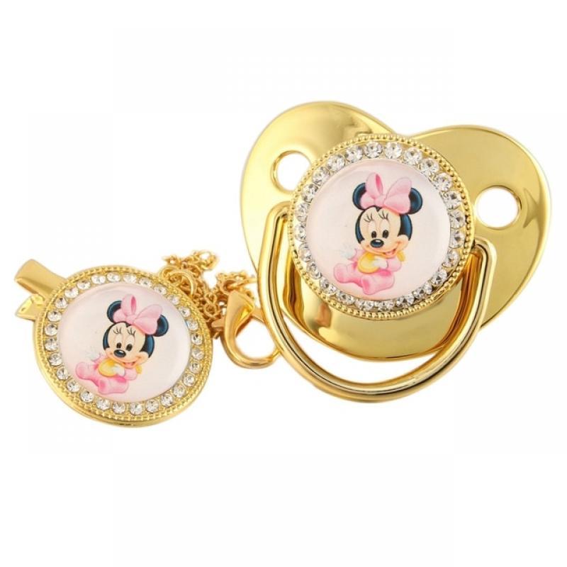 Disney Little Minnie Cartoon Luxury Baby Pacifier with Chain Clip Newborn BPA Free Bling Dummy Soother Chupeta