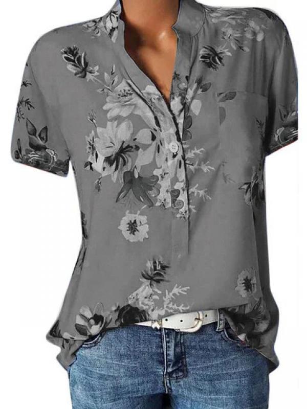 Elegant women's shirt printing large size casual shirt fashion V-neck short-sleeved shirt blouse