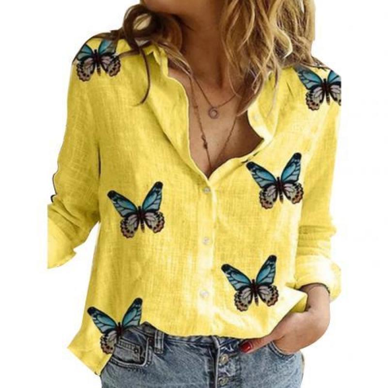 Women Casual Long Sleeve Butterflies Print Single-breasted Office Shirt Blouse