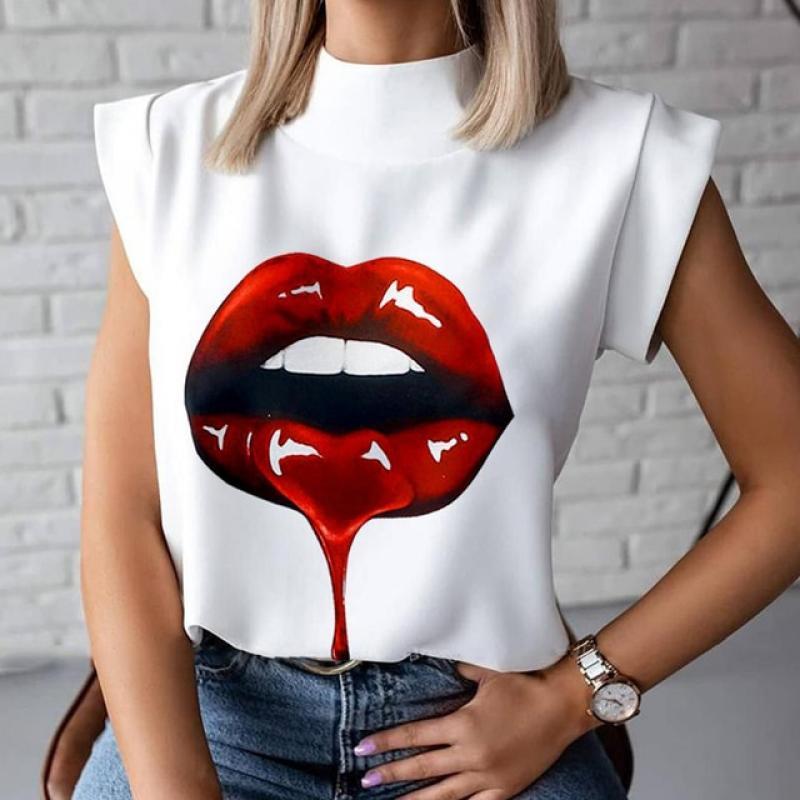 Fashion Women Elegant Lips Print Tops and Blouse Shirts 2021 Summer Ladies Office Casual Stand Neck Pullovers Eye Blusa Tops