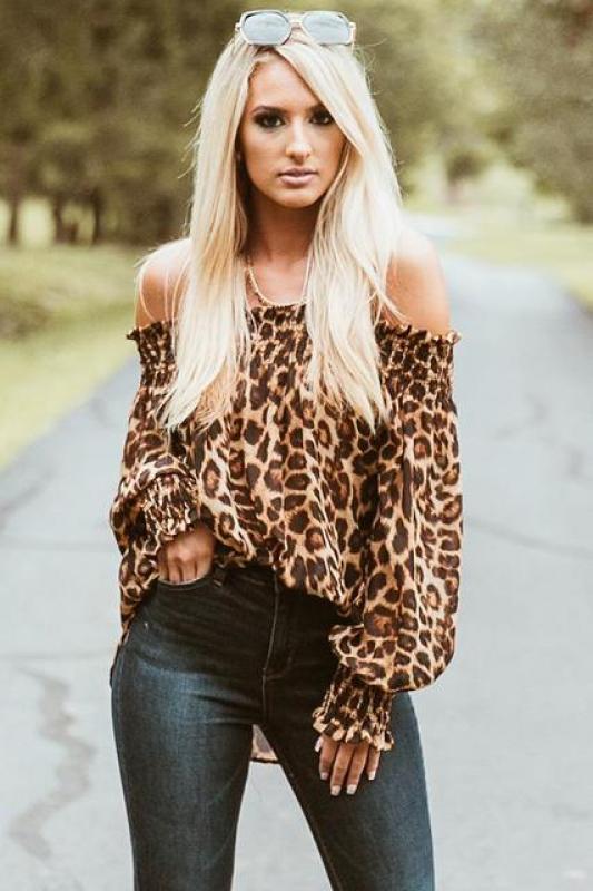 Fashion Leopard Print Blouse Puff Long Sleeve Off Shoulder Loose Womens Tops And Blouses Summer Casual Shirt Tops S-XL