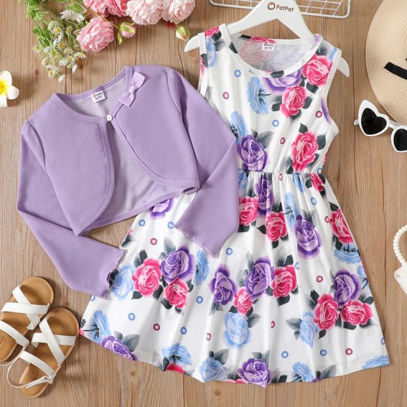 PatPat 2pcs Kid Girl Floral Print Sleeveless Dress and Bowknot Design Cardigan Set