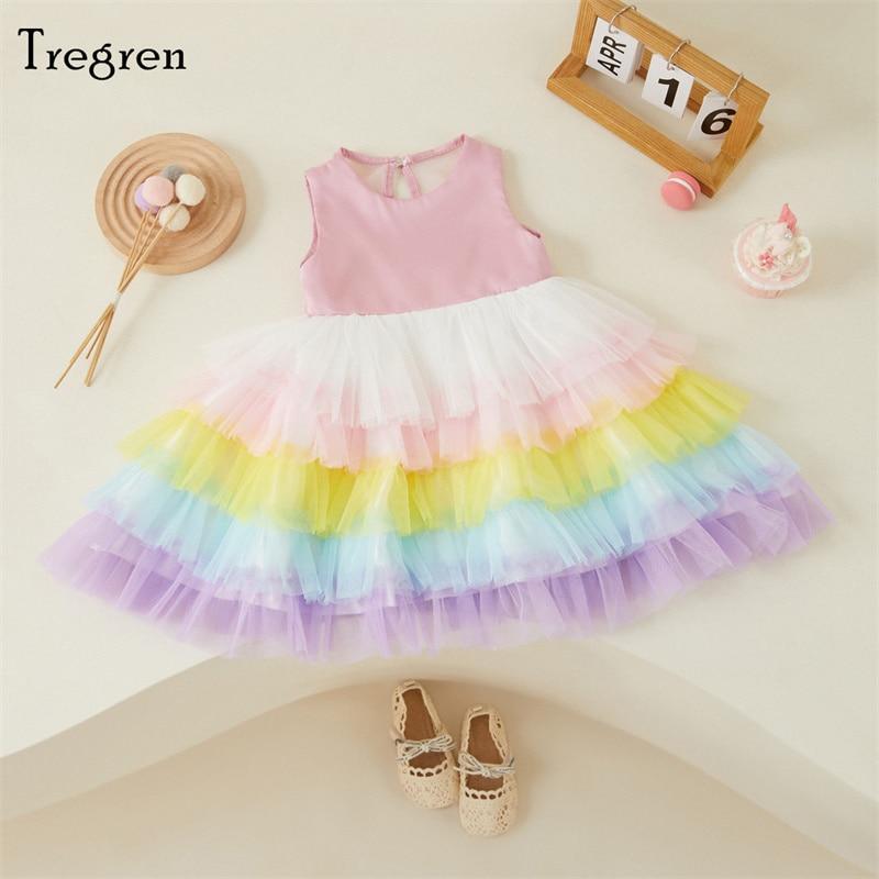 Tregren Little Girls Sweet Style Layered Dress Summer Rainbow Mesh Splicing Round Collar Bow Sleeveless Princess Skirt Outfits