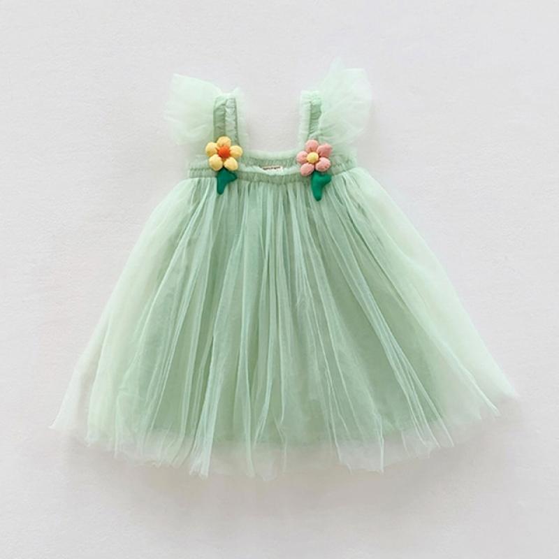 1-6y Girls Tulle Super Fairy Princess Dresses Fly Sleeve Rainbow Flower Cake Dress Children Mesh Puffy Birthday Party Vestidos