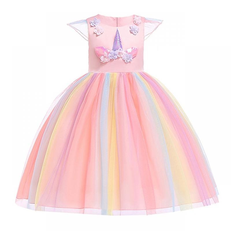 New Girl Rainbow Unicorn Dress For Kids Embroidery Ball Gown Baby Girl Princess Birthday Dresses Party Costume Children Clothing