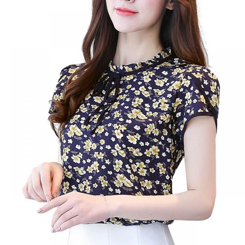 Fashionable Elegant Women Floral Print Blouse Short Sleeve Loose Chiffon Shirt For Daily Office