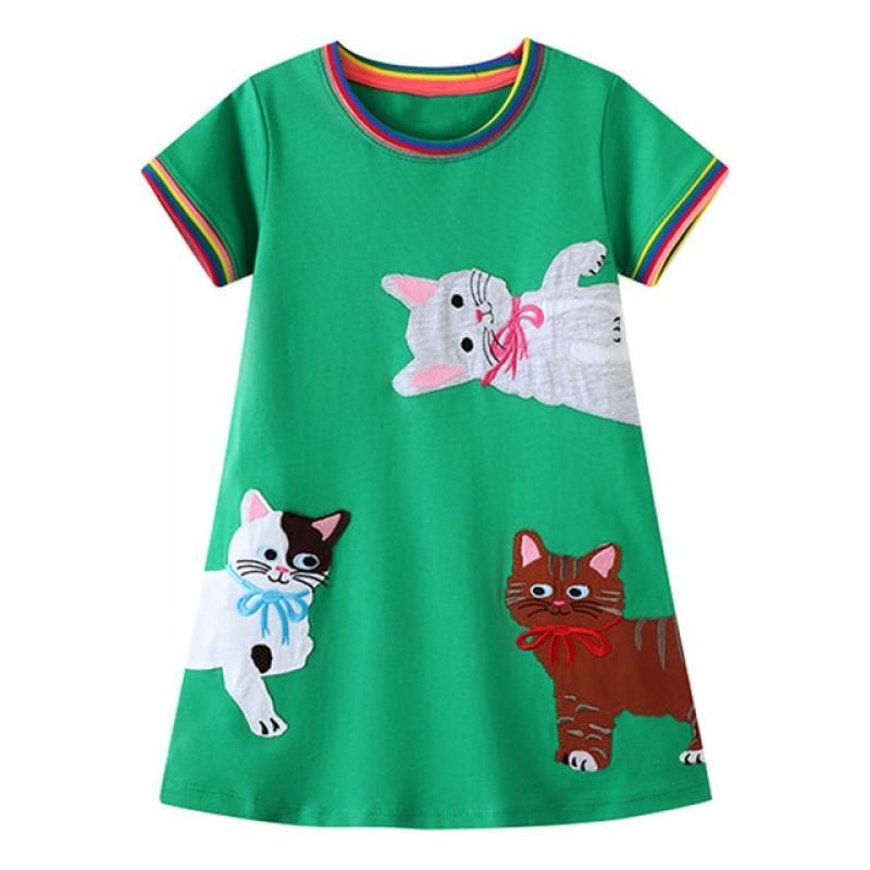2023 Baby Girls Summer Dress Green with Lovely Cats Cotton Short Sleeves Clothes Casual Soft for Kids 2-7 Year