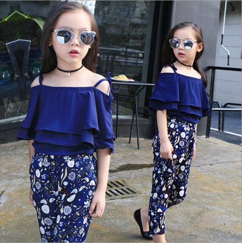 Summer Teen Girls Flower Chiffon Clothing Set Children Off Shoulder tops Floral Pants Kids Outfits Girl Clothes For 8 12 14Years