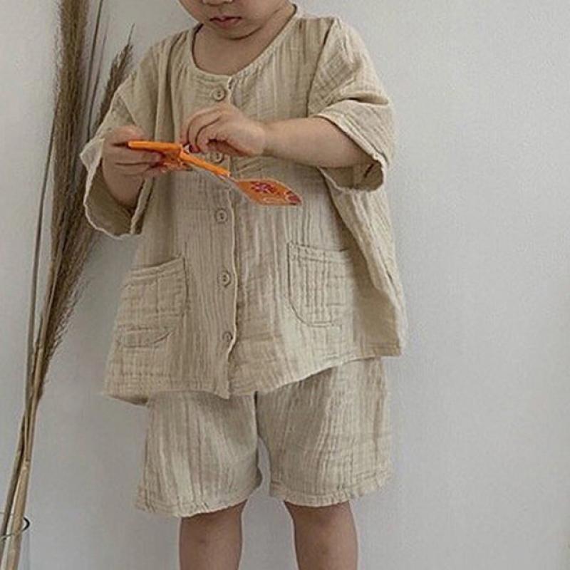 Baby Boy Girl Cotton Linen Suit Summer Solid Retro Casual Clothing Sets for Children Korean Style Loose Kids Clothes Girls 1-6Y