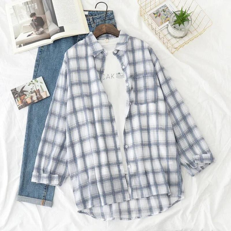 New Autumn Womens Plaid Shirt Excellent Quality Loose Blouses Fresh Casual Design Female Long Sleeve Shirts Lady Tops Clothes