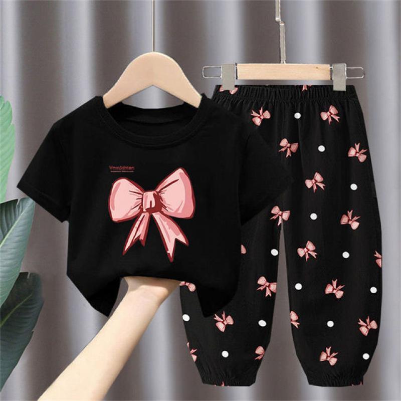 2023 new girls' summer fashion suit children's bow foreign style new children's sports clothes two-piece sets 2-7 years old