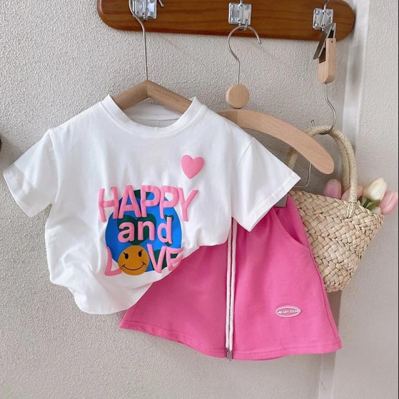 Children Girls Short Sleeve Sports Suit 2023 Summer New Casual Letter Print Round Neck T-shirt +Shorts 2pc Set Outfits
