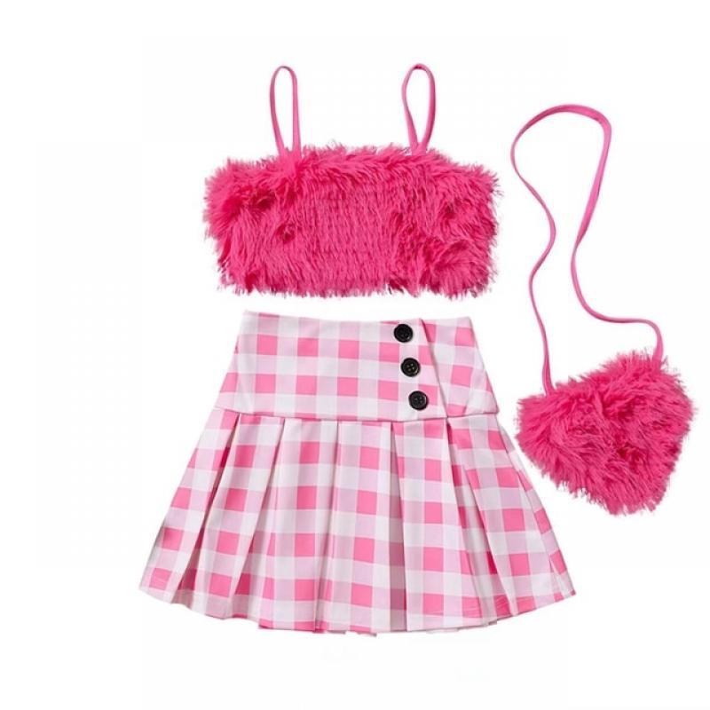 Listenwind 2-8Y Children Kids Baby Girls Clothes Sets Toddler Outfits Summer Plush Vest Tops Plaid Ruffle Skirts Crossbody Baby