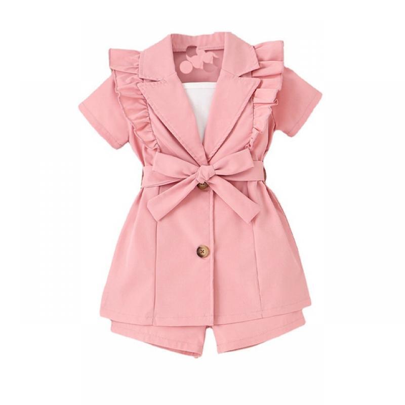 Summer Girl Suit Strap Solid Color+Short Sleeved Lapel Suit Jacket+Shorts 3Pcs Girls Outfits Korean Kids Children Clothing Sets