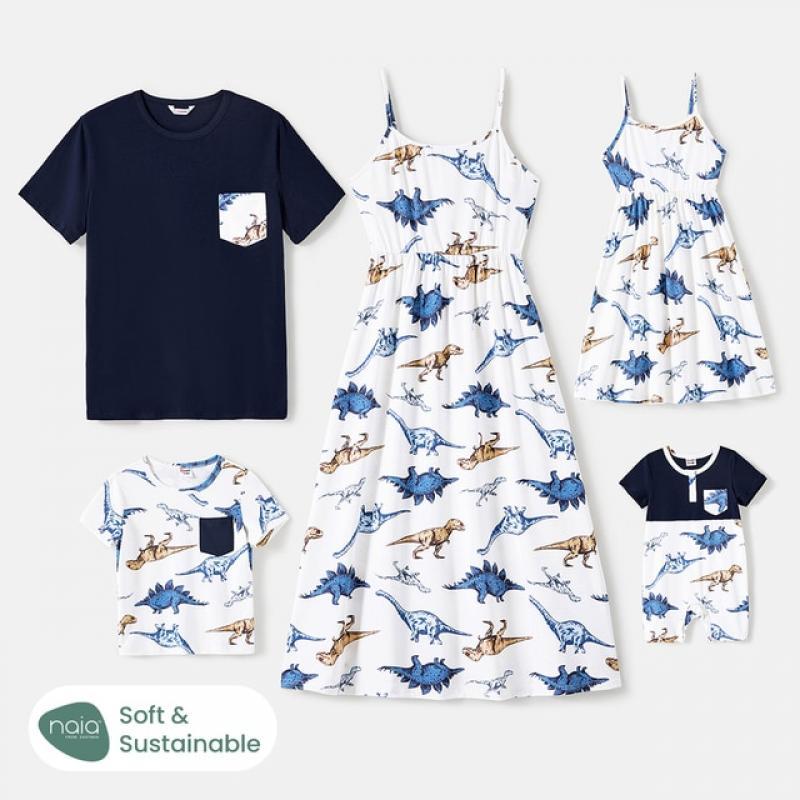 PatPat Family Matching Outfits Allover Dinosaur Print Cami Dresses and Short-sleeve T-shirts Sets