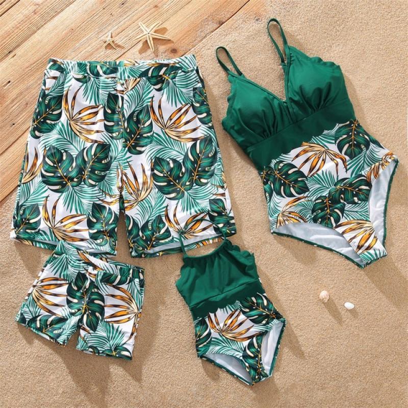 PatPat One-pieces Family Matching Outfits Swimsuit Mama Mother and Daughter and Son and Dad Swim Shorts and V Neck Swimwear