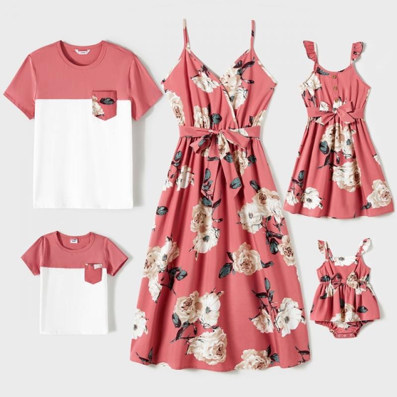 PatPat Family Matching Outfits Allover Floral Print Belted Slip Dresses and Colorblock Short-sleeve T-shirts Sets