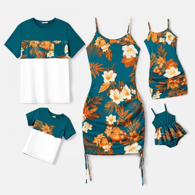 PatPat Family Matching Allover Floral Print Drawstring Ruched Bodycon Cami Dresses and Short-sleeve Spliced T-shirts Sets