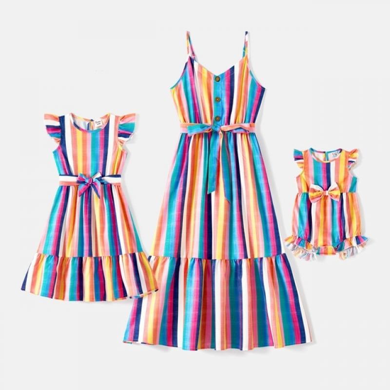 PatPat Mommy and Me Colorful Striped Sleeveless Belted Dresses