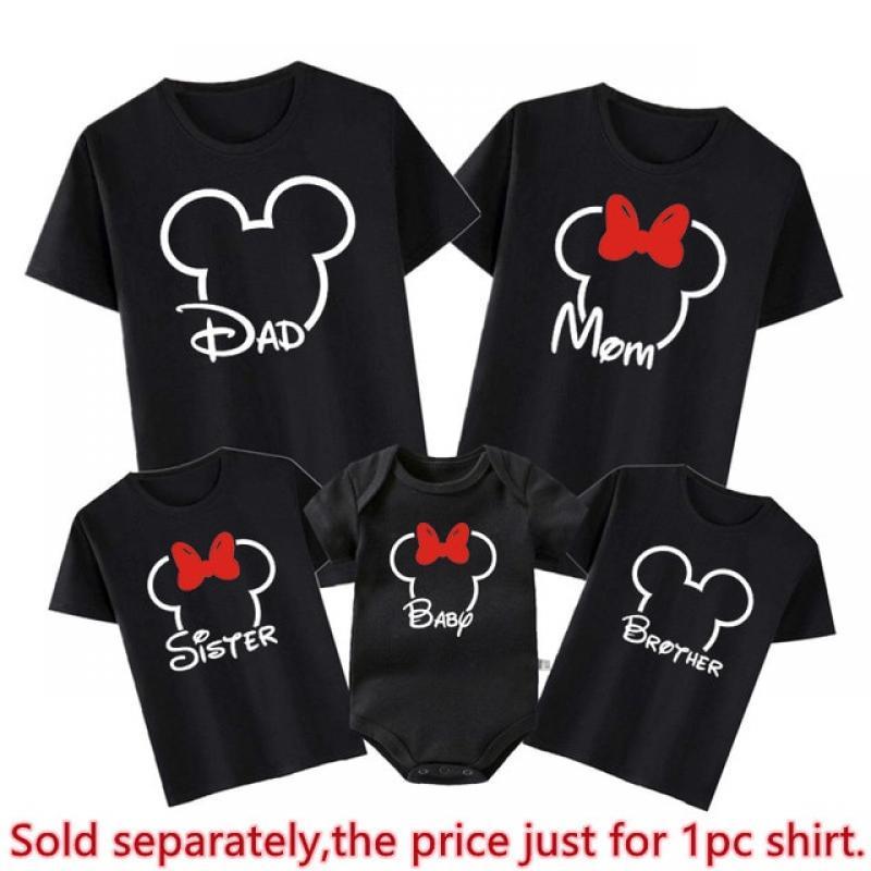 Disney Family Matching T-shirt Mickey and Minnie Head Shirt Cotton Dad Mom Brother Sister Tees Baby Rompers Family Trip Outfits