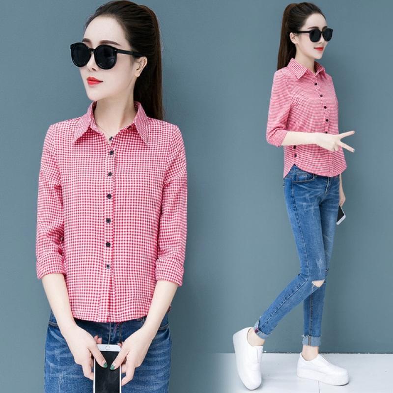 Womens Plaid Cotton Shirts Blouses for Women Casual Clothes Turn Down Collar Long Sleeve Work Shirt Female Tops Button  Blouse