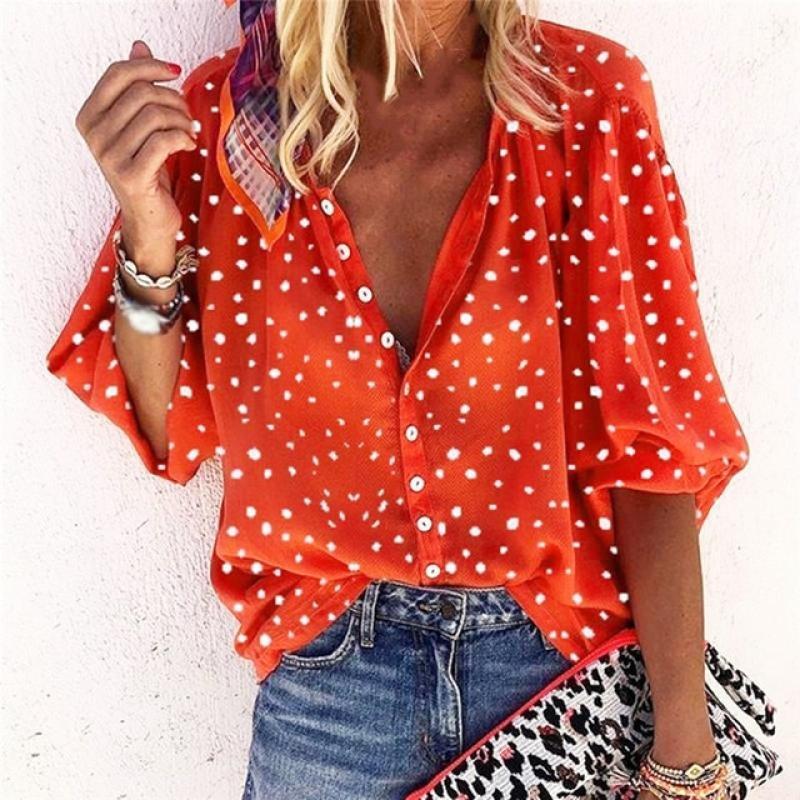 Elegant Casual Lanterm Sleeved Shirt Women Soft Printing Polka Dot Top Famale Blouse v-neck Roupas Feminina Plus Size