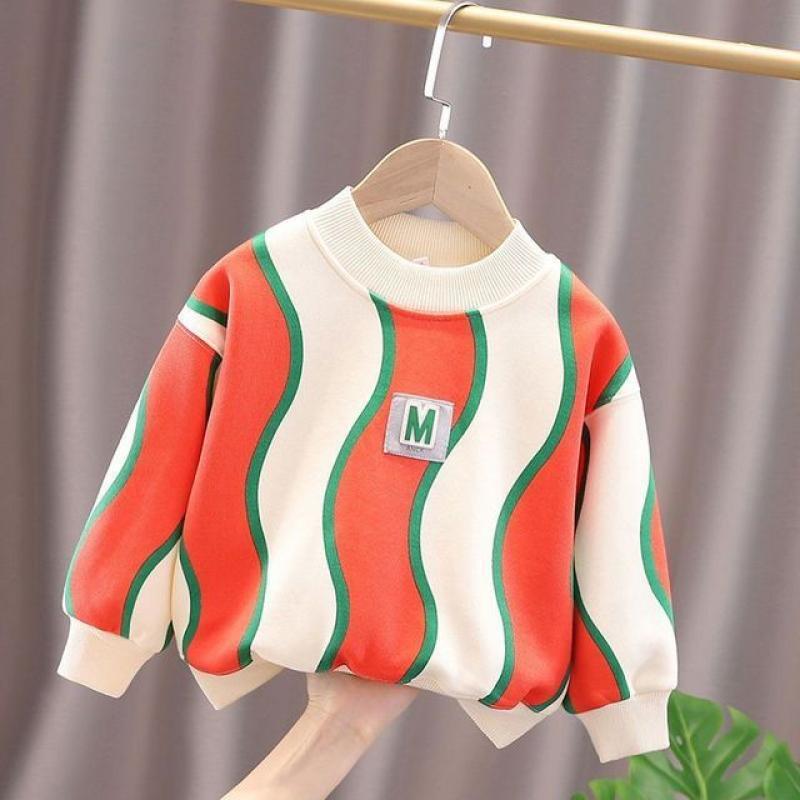 Autumn Winter Long sleeve T-shirt Kids Girl Sports Pullover Boy's Plush Stripe Sweatshirt Kid's Sweater Tops baby Undercoat 2-9Y