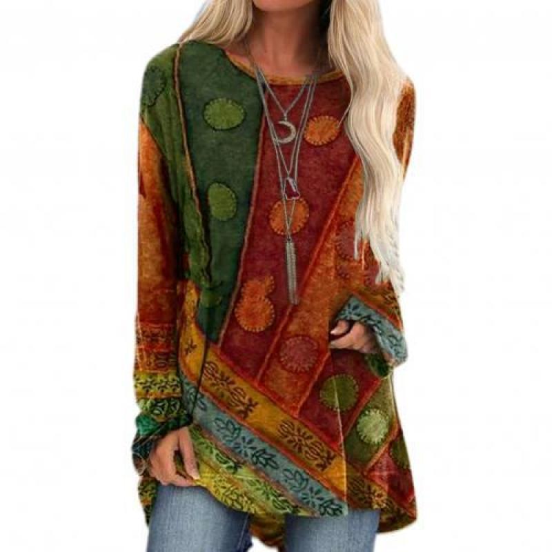 Retro Women Autumn Long Sleeve Ethnic Print Patchwork Loose T-shirt Blouse Top