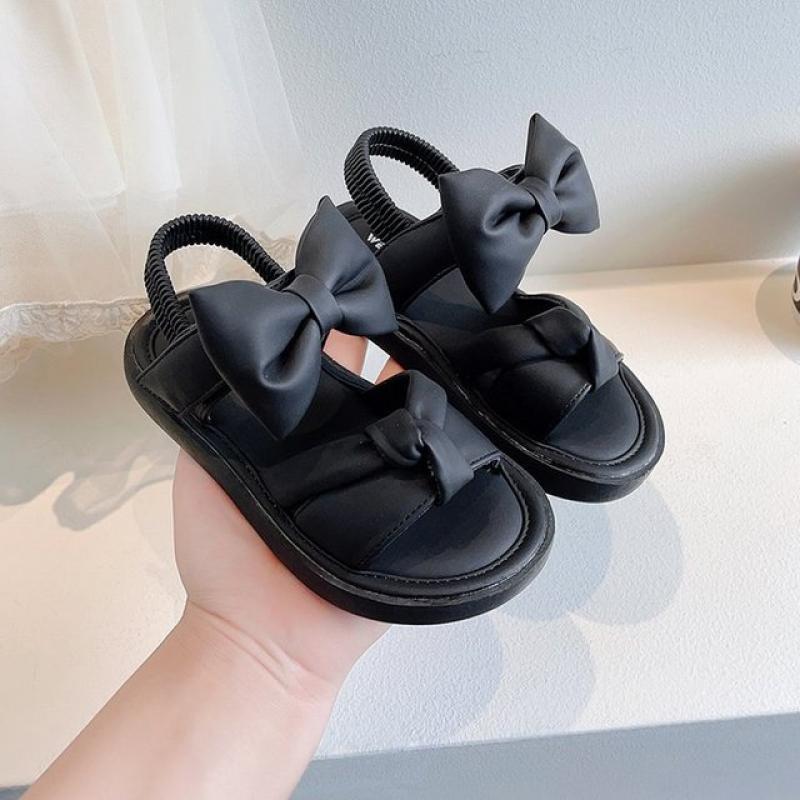 Children Sandals for Girls Bow Elastic Band Purple Cute Princess Casual Shoes Kids Versatile 2023 New Summer Korean PU Non-slip