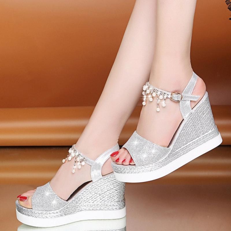 Girls Sandals 2022 Summer New Women's Pumps Fashion Pearl Rhinestone Platform Wedge Casual Female Sandals 10cm Ladies High Heels