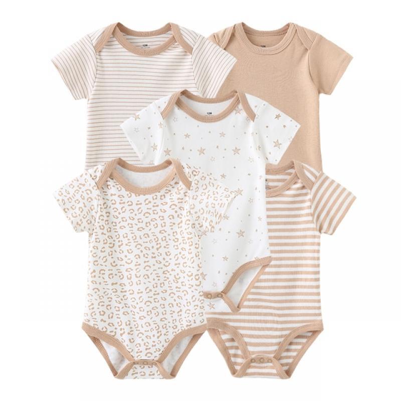 2023 Unisex Solid Color 5Pieces Baby Girl Clothes Cotton Newborn Bodysuits Cartoon Print Baby Boy Clothes Set Summer Bebes
