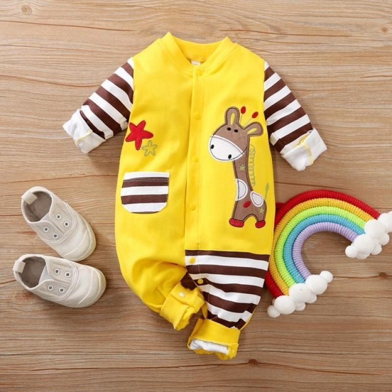 PatPat New Arrival Autumn and Winter Baby Boy Girl Cute Giraffe Embroidery Stripe Design Long-sleeve Jumpsuit Baby Clothing