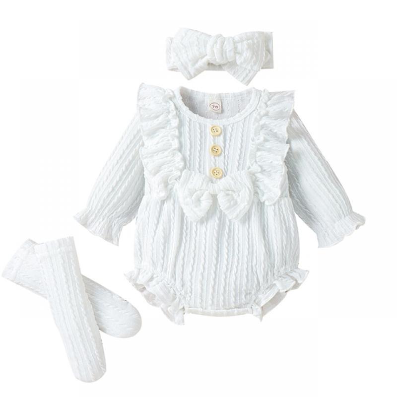 0-12M Infant Baby Girls 3Pcs Fall Outfits Long Sleeve Button Front Ruffle Romper + Socks + Headband Set Lovely Clothes