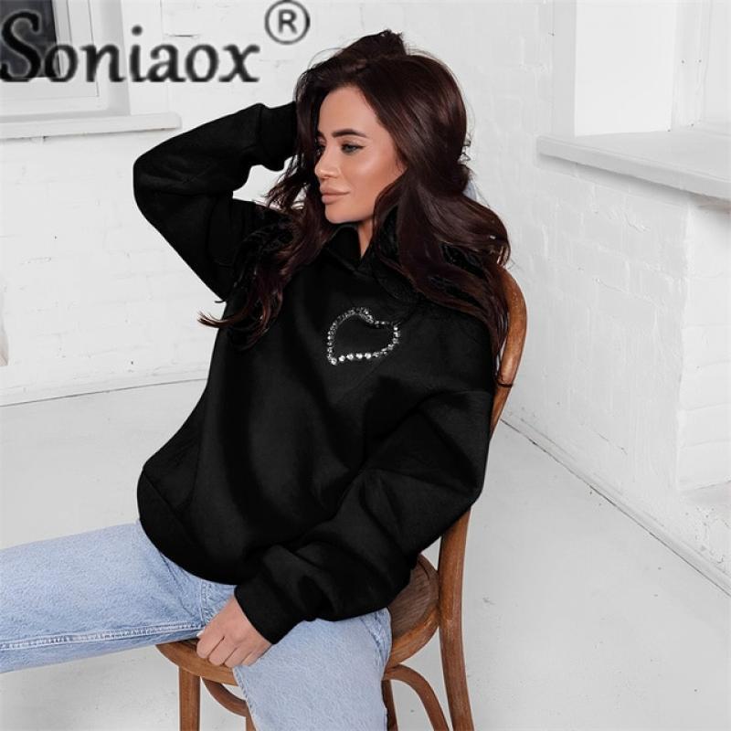 Fashion Hollow Out Backless Hoodies Female Autumn Winter Diamond Love Decoration Thick Sweatshirt Women Street Casual Loose Tops