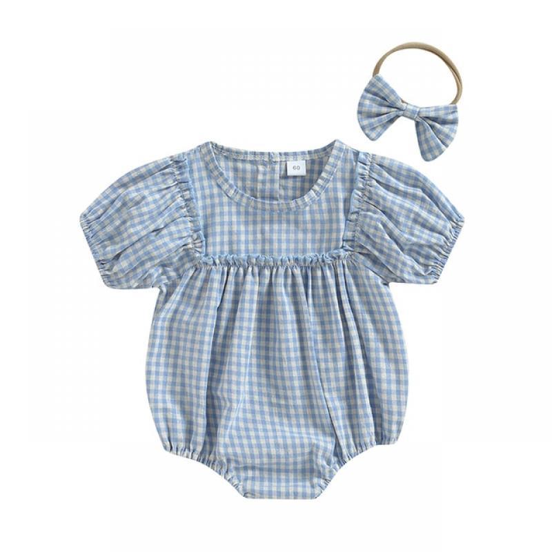 Summer Baby Girls Rompers Clothes Solid Ribbed Knitted Short Sleeve Elastic Waist Jumpsuits Playsuits Headband Casual Outfits