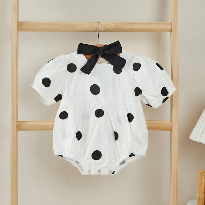 VISgogo Infant Baby Girl Romper Polka Dot Puff Sleeve Bodysuit Jumpsuit Bow Headband Outfit Sweet Style Baby Summer Clothing