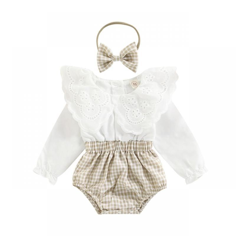 VISgogo Infant Baby Girl Fall Outfits Long Sleeve Romper Lapel Floral Lace Plaid Patchwork Rompers Headband 2pcs Clothes