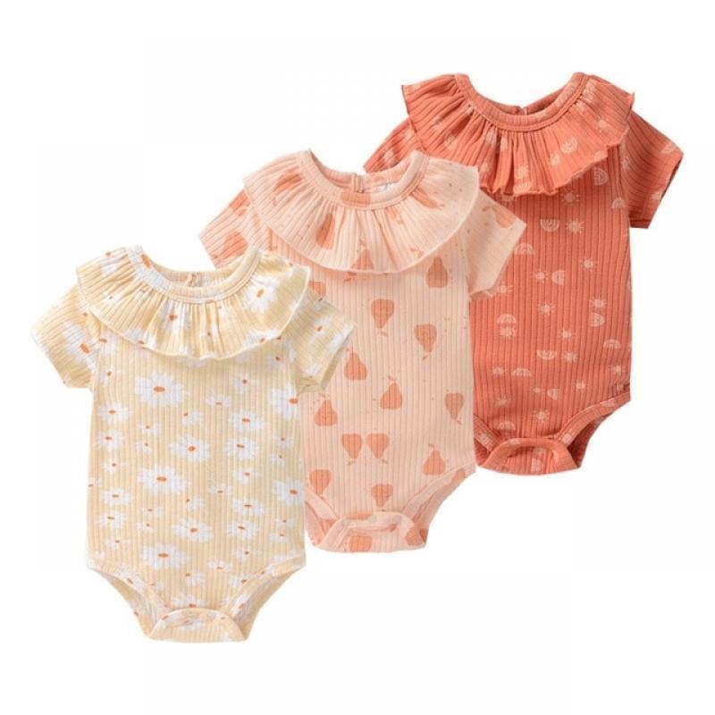 3Pieces 2022 New Born Baby Girl Clothes Cotton Short Sleeve Summer 0-12M Infant Bodysuit Solid Color Bebes