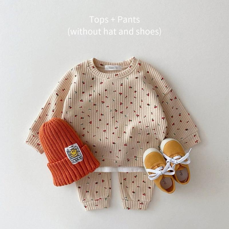 2023 New Toddler Kids Waffle Cotton Clothes Set Many Fruits Print Sweatshirt + Casual Pants 2pcs Boys Suit Baby Girl Outfits