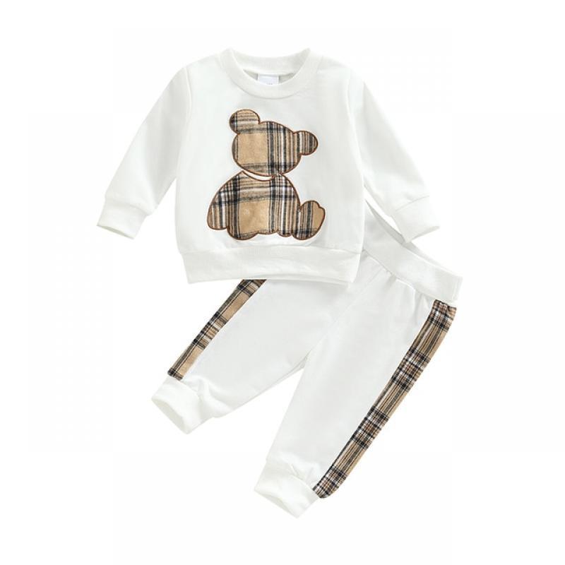 0-24M Newborn Toddler Long Sleeve Plaid Bear Pattern Tops Sweatshirt Pants Outfits Tracksuits Baby Girls Autumn Winter Clothes