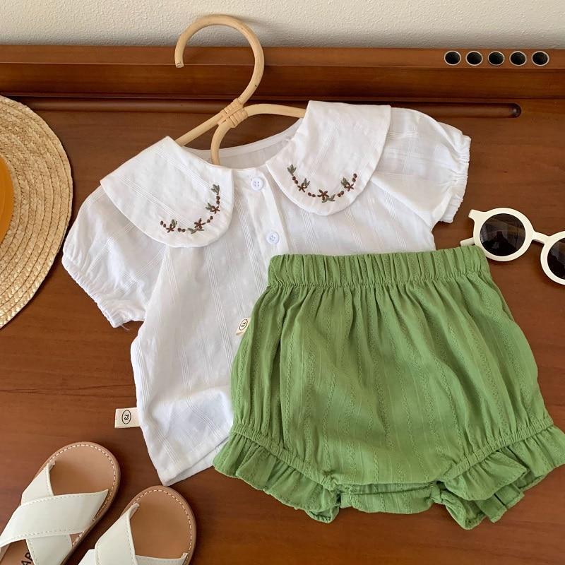 Baby Girl Clothing Set 0-3Years Newborn Kids Short Sleeve Peter Pan Collar White Shirt Tops+Bloomers Shorts 2PCS Summer Clothes