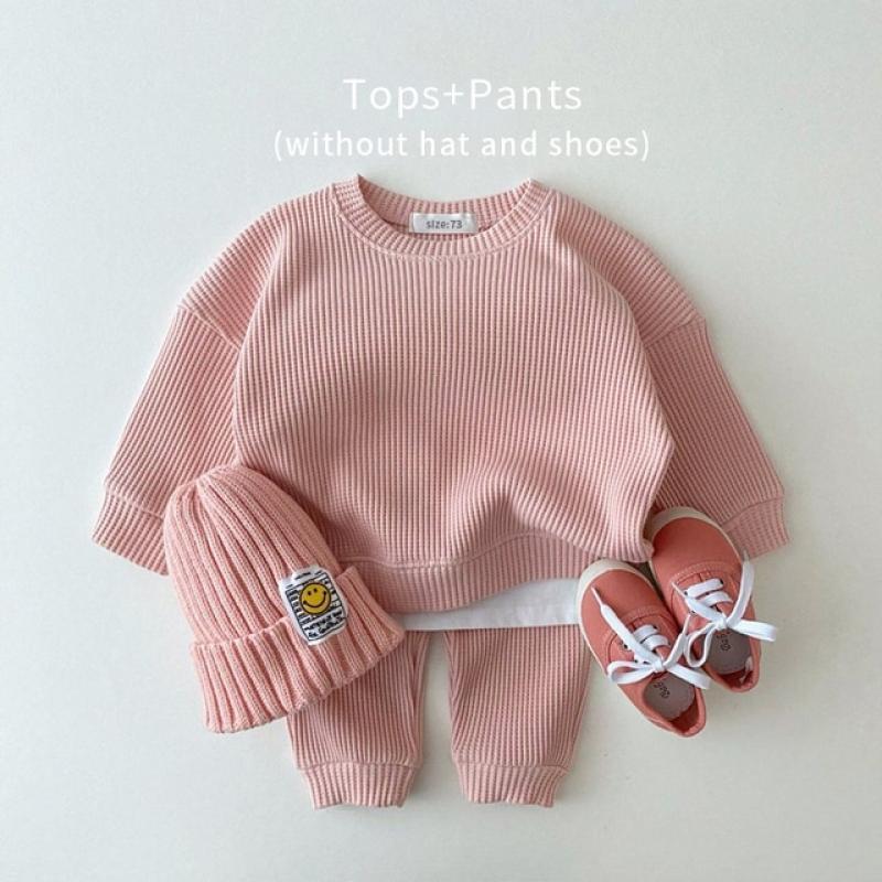 2023 Korean Baby Cotton Kintting Clothing Sets Mock Two-piece Waffle Cotton Kids Boys Girls Clothes Sets Tracksuit Tops+Pants