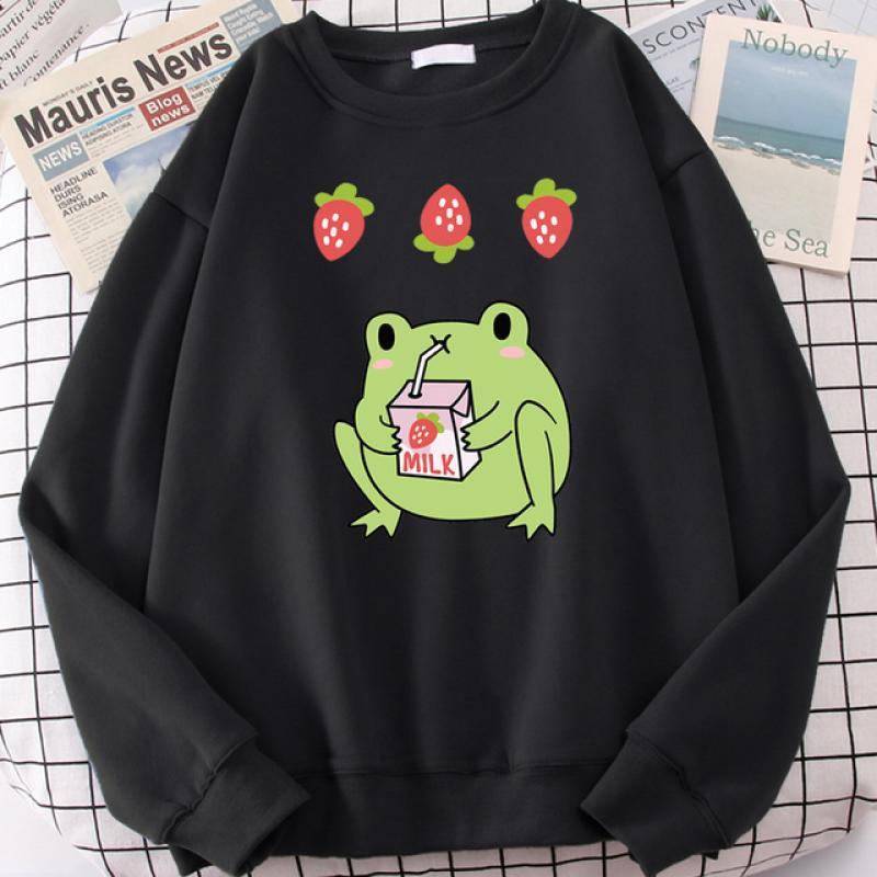 Kawaii Womens Sweatshirts Cute Frog Drink Strawberry Milk Tea Print Clothing Lady Oversize Moletom Hip-Hop Animal Females Tops