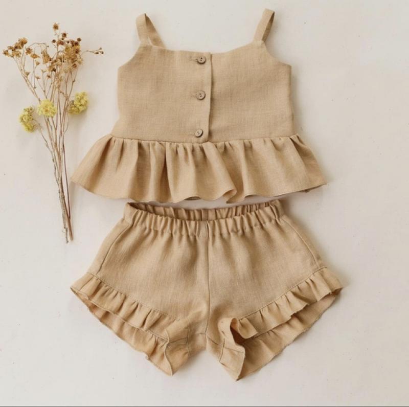 New Baby Girl Suits Summer Clothes Tops+Shorts Vest Harness Falbala Cotton Linen Solid Color Outfits Bebe Infant Clothing Sets