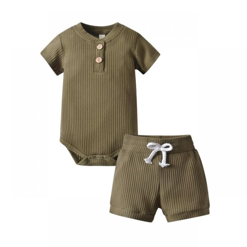 KuKitty Summer Newborn Infant Baby Boy Girl Clothes Set Knitted Ribbed Short Sleeves V-Neck Bodysuit Top + Shorts Casual Outfit